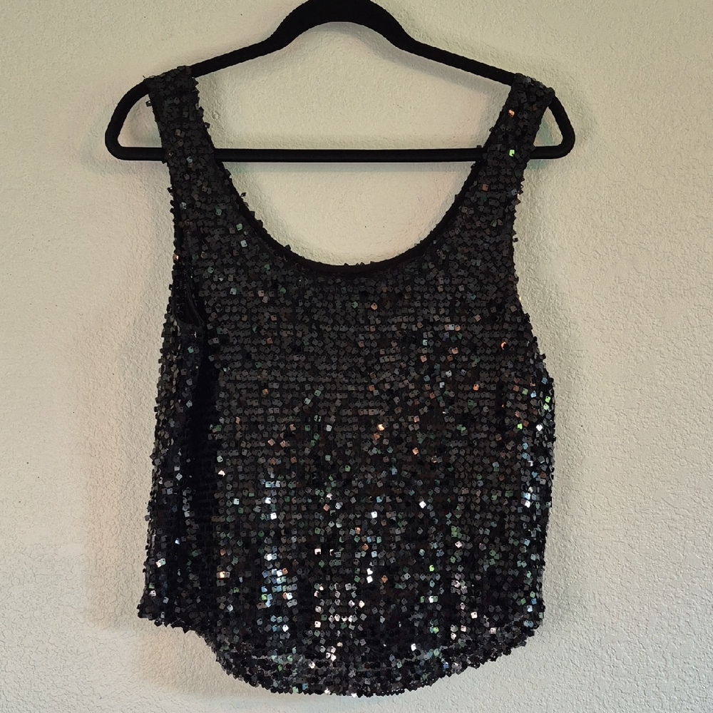 Forever 21 Black Sequin Tank Top Sz Medium Sparkle & Shine Lined Sheer Evening!